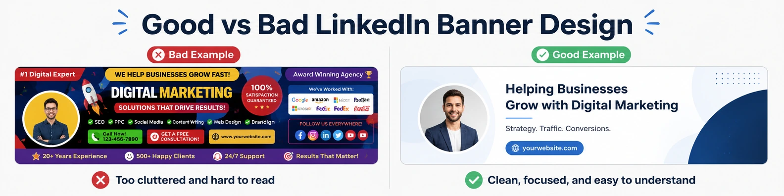 Good and bad LinkedIn banner design examples