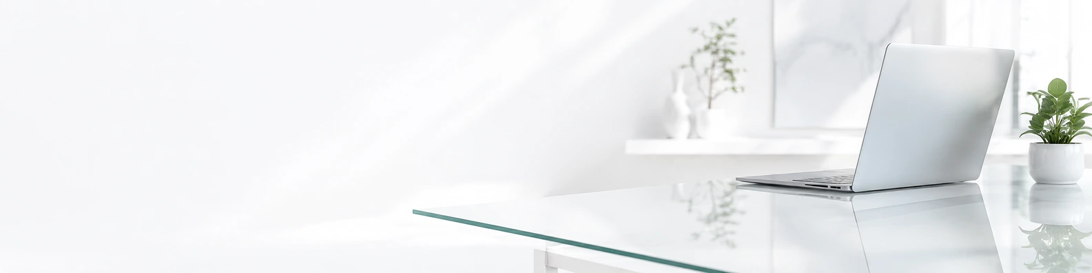 Glass Desk Reflections workspace LinkedIn banner for custom text and digital professional profiles