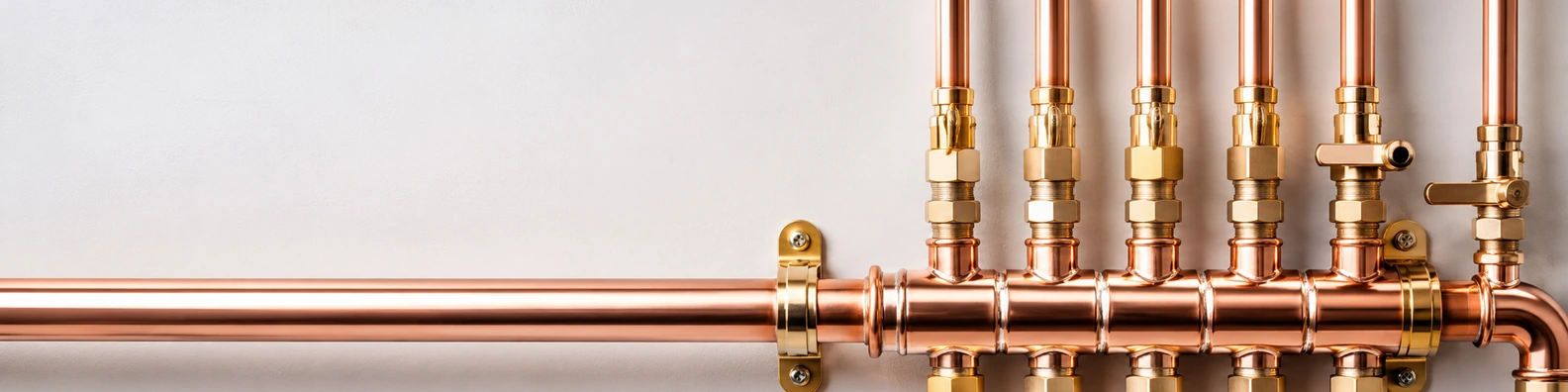 Polished Copper Pipe Manifold business LinkedIn banner for real estate architecture and construction professionals