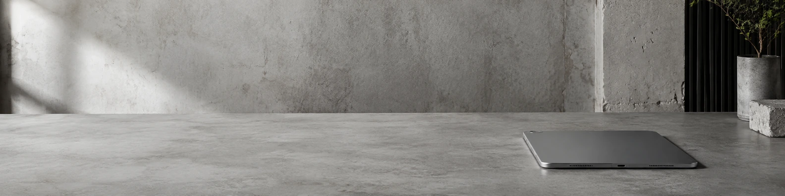 Raw Concrete Studio Desk workspace LinkedIn banner for custom text and digital professional profiles